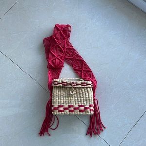Nannacay Rattan Straw Top Handle Bag with Red Crochet Fringe Macrame Strap
